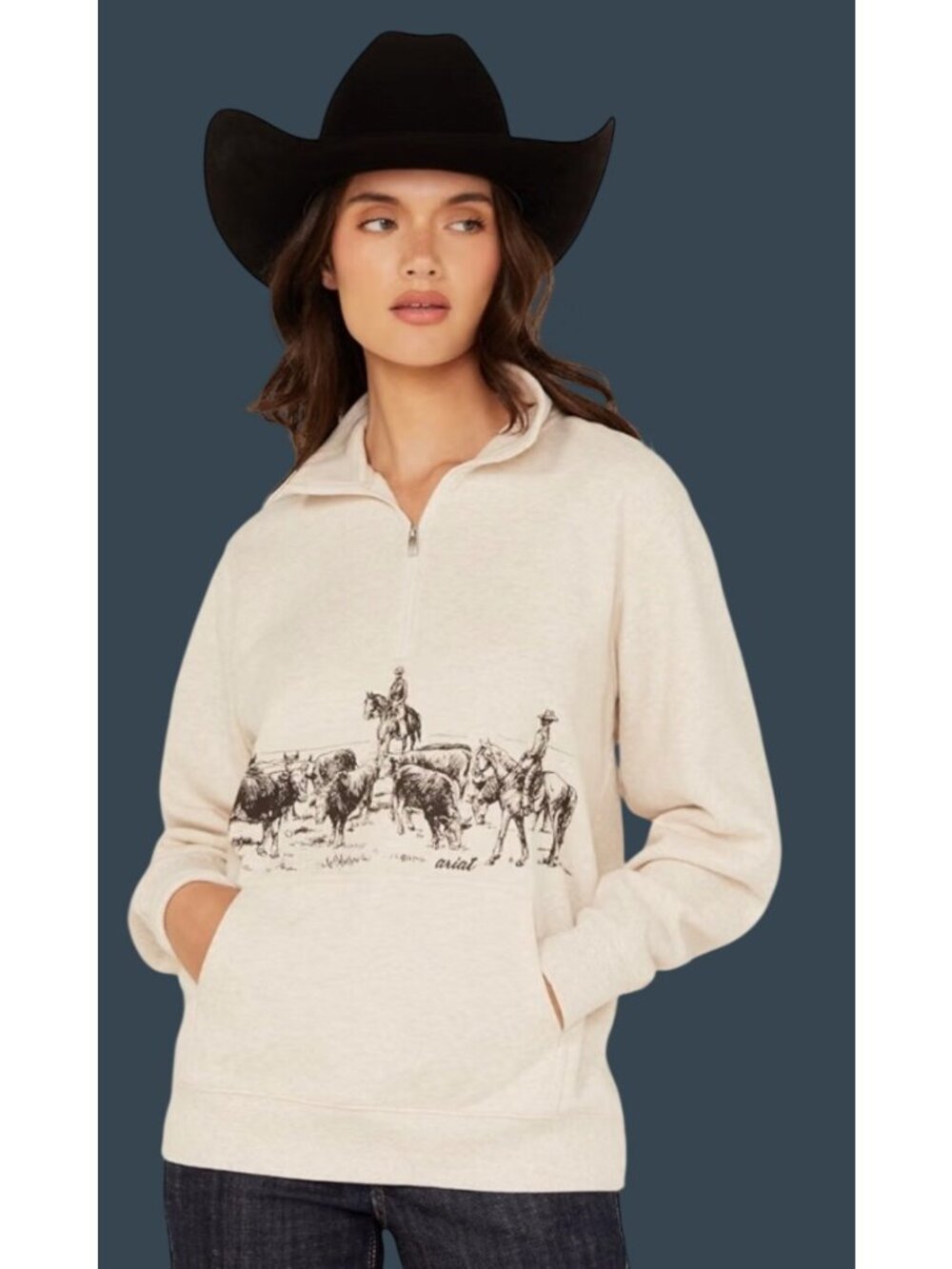 Ariat Oatmeal 1/2 Zip Pullover Sweatshirt Scenic Ranch Graphic Size Medium